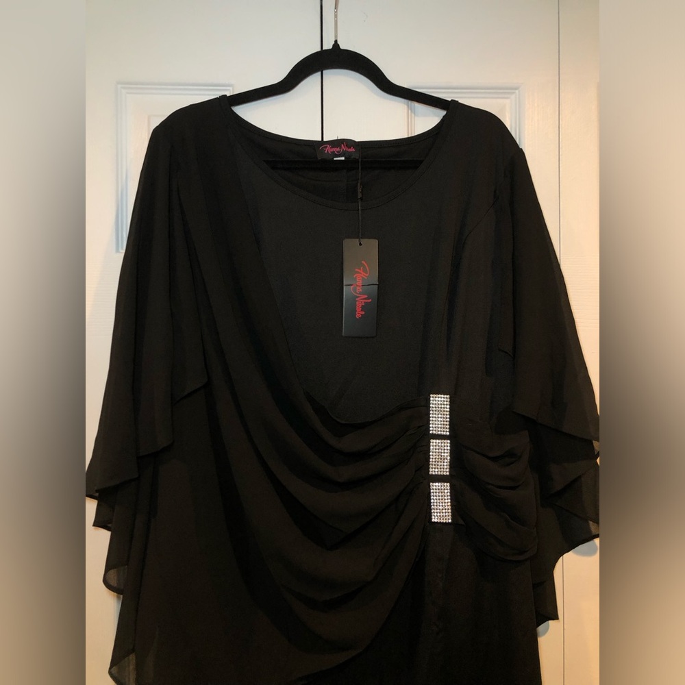 Hanna Nikole Women's Chiffon Ruffle Flattering Cape Sleeve Bodycon Pencil Dress - Picture 3 of 10